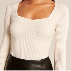 Abercrombie & Fitch Long Sleeve Bodysuit Top Ribbed Square Neck Ivory M Y2K 90's